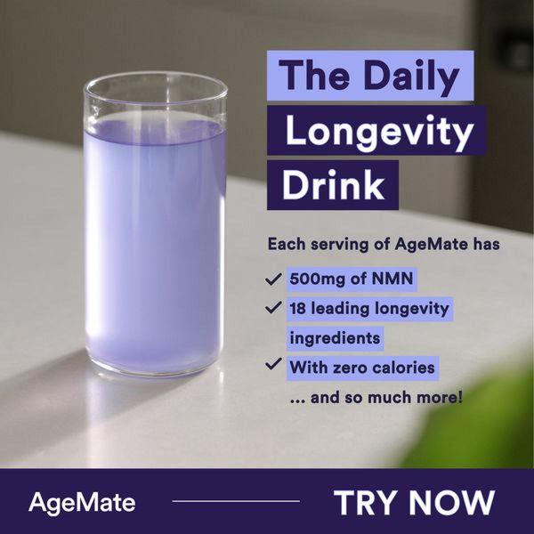 A high-contrast, minimalist square ad creative highlighting the key benefits and ingredients of a longevity supplement drink.